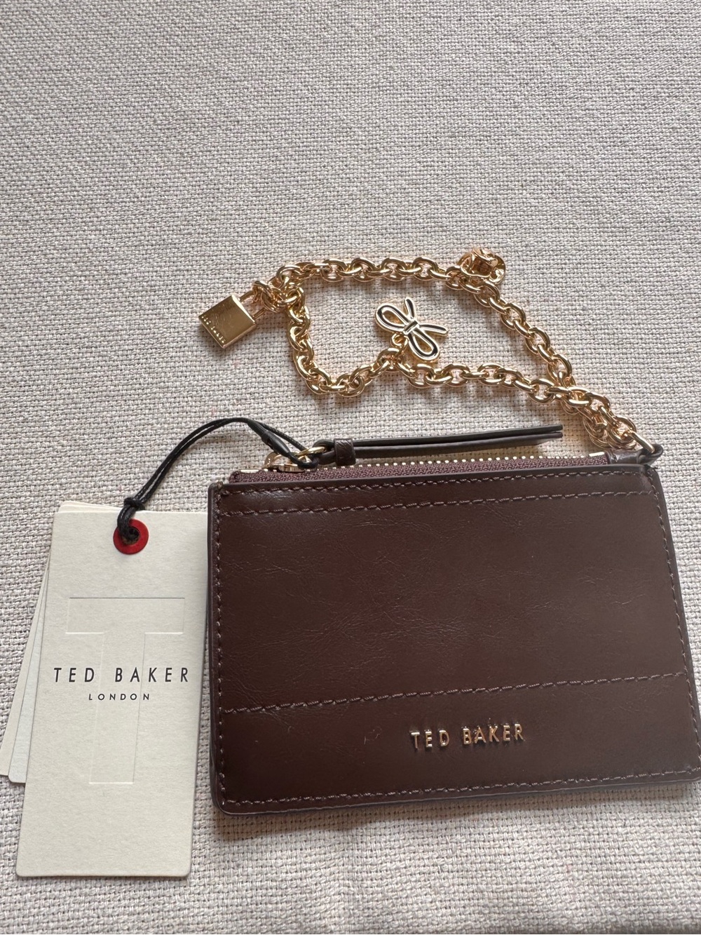 Ted Baker Sutton Dark Brown Leather Cardholder with Gold Charm Chain Wristlet